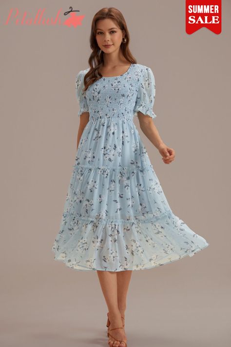 Blue Smocked Midi Dress, Unrealistic Dresses, White Lace Maxi Dress, Style Guru, Timeless Dress, Chiffon Midi Dress, Light Blue Dresses, Dresses Ideas, Floral Blue Dress