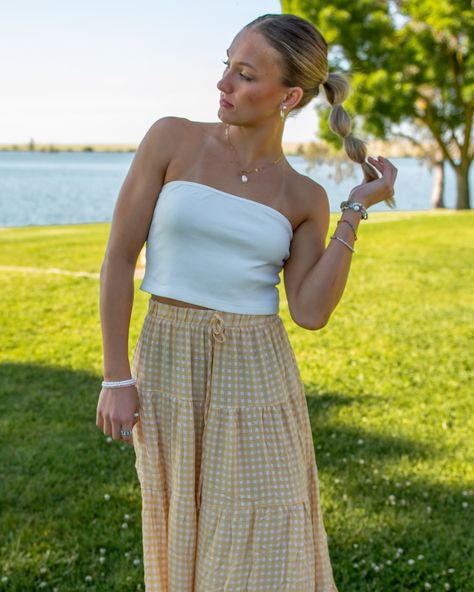 Easy & efforless ✨ Perfect for those hot summer days when you just need something lightweight & breezy @katie.homen modeling the Yellow Gingham Skirt & the Bamboo Cotton Crop Top Shop them at www.palmpluspine.com/new-arrivals American made fashion | ethically sourced fashion | fair trade | natural fibers clothing | capsule wardrobe | heirloom collection | summer outfit inspo | coastal cowgirl | west coast cowgirl | feminine fashion | wear American made Coast Cowgirl, Natural Fibers Clothing, Clothing Capsule, Summer Fair, Fair Outfits, Yellow Gingham, Gingham Skirt, Feminine Fashion, Cotton Crop Top