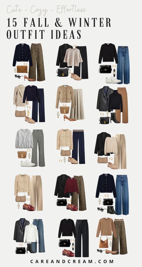 Looking for outfit inspiration this season? Discover 15 cute and cozy fall and winter outfits that you'll definitely want to copy! Explore chic and casual styles perfect for cold weather. From fall outfits for women to winter outfits for women, we've got you covered. Find trendy aesthetic outfit ideas with cashmere sweaters, black blazers, lady jackets, leopard jeans, and more. Elevate your fall style and winter style with these essential looks! Casual Outfits Fall Black Women, Fall And Winter Outfits Work, Fall Winter Outfits School, Casual Outfits Winter 2024, Cool Summer Winter Wardrobe, Business Casual Outfits 2024 Fall, Winter Outfit Casual Women, Wardrobe Ideas For Women Over 50, Outfits For 70 Degree Weather Fall