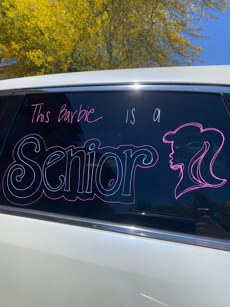 Senior year graduation painting car drawings decoration #senior #senioryear #cardecorating #car #barbie Senior Car Decorating Ideas 2025 Window, Senior Car Paint Ideas 2020, Senior Grad Car Decor, Senior Car Decorating Ideas 2020, Graduation Painting, Senior Car Decorating Ideas, Highschool Parking Spot Ideas, Car Window Paint, Senior Year Graduation