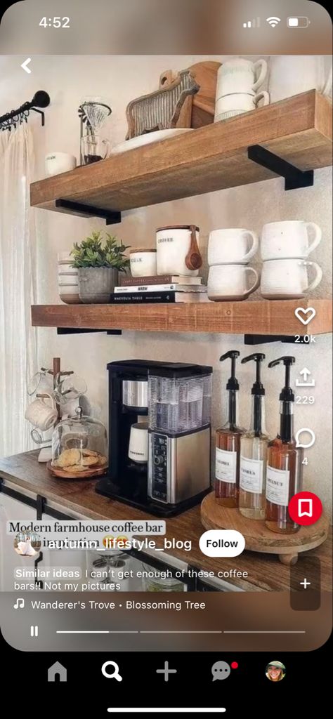 Bar Shelves Ideas, Bar With Floating Shelves, Bar Shelf Ideas, Dining Room Coffee Bar, Ranch Kitchen Remodel, Kitchen Floating Shelves, Modern Floating Shelves, Farmhouse Coffee Bar, Floating Shelf Decor