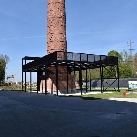 ScoreWithSteel (by Infosteel) on Instagram: “An old factory chimney turned into a climbing wall, supported by a steel construction. Yes we like! #scorewithsteel #reconversion #steel…” Factory Chimney, Industrial Sheds, Old Factory, Climbing Wall, Factory Design, Renovation Project, Urban Design, Steel Construction, Garden Arch