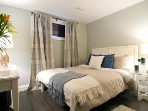 dark room decorating with sherwin williams misty or benjamin moore wickham gray Light Paint Colors, Basement Guest Rooms, Basement Windows, Basement Bedroom, Dark Bedroom, Small Basements, Basement Makeover, Basement Bedrooms, Bedroom Windows