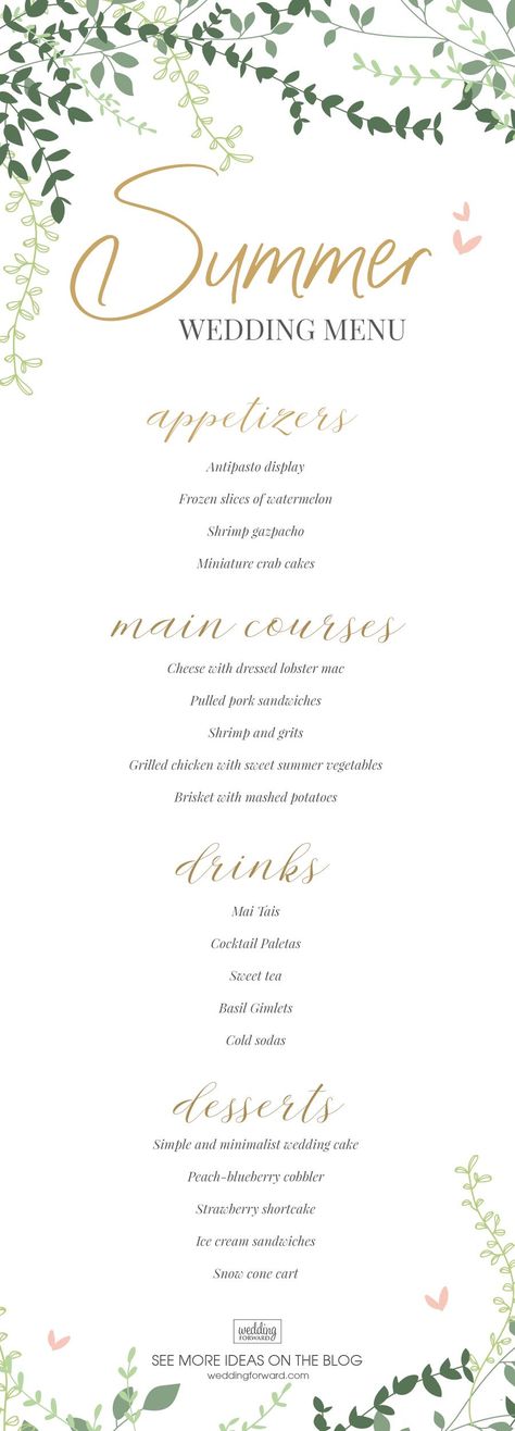 Top Wedding Menu Ideas In 2019 And Tips On Saving Money ❤︎ Wedding planning ideas & inspiration. Wedding dresses, decor, and lots more. #weddingideas #wedding #bridal Wedding Reception Menu Ideas, Reception Menu Ideas, Wedding Menu Ideas Food, Cheap Wedding Food, Summer Wedding Menu, Wedding Menu Ideas, Simple Wedding Menu, Wedding Cake Peach, Save Money Wedding