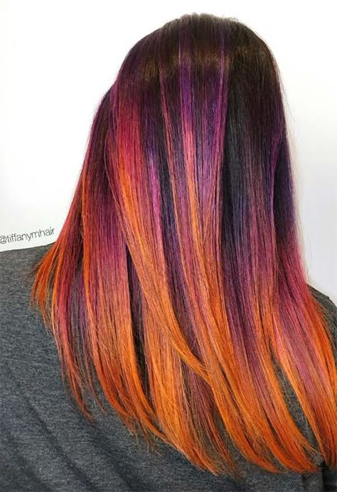 Hidden Sunset Hair, Sunburst Hair Color, Desert Sunset Hair Color, Copper And Magenta Hair, Desert Sunset Hair, Sunflower Hair Color Ombre, Peekaboo Hair Color Brunettes, Sunrise Hair, Halloween Hair Color Ideas