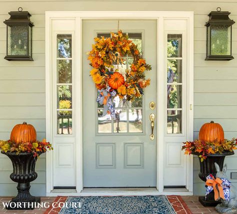 A guide to the easiest secrets to decorating a large front porch for fall that creates a cozy space that oozes with warmth and charm. Pumpkin Door, Halloween Garland, Swag Wreath, Large Wreath, Hydrangea Wreath, Fall Door, Fall Front, Pumpkin Wreath, Autumn Wreaths