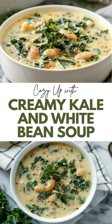 Make the perfect creamy kale and white bean soup with this easy recipe. Ideal for your soup recipes collection, this dish is healthy, comforting, and full of flavor. Save this pin and click for the complete recipe and detailed instructions. Enjoy a delicious and warm bowl of soup that's perfect for any occasion. Creamy White Bean Soup With Kale, Vegan Bisque Soup Recipes, Hamburger Kale Soup, Things To Make With Kale, White Bean Crockpot Soup, White Bean Kale Soup Crockpot, Easy Kale Soup, Delicious Kale Recipes, Snow Day Soup Recipes Crock Pot