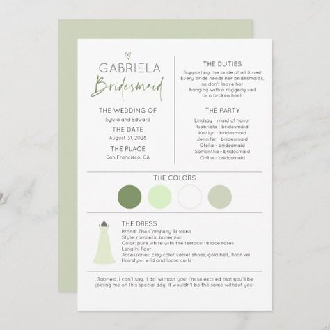 Bridesmaid Information and Proposal Card Template Bridesmaid Information Card, Template Proposal, Bridesmaid Duties, Bridesmaid Invitation, General Ideas, Be My Bridesmaid Cards, Information Card, Bohemian Colors, Bridesmaid Cards