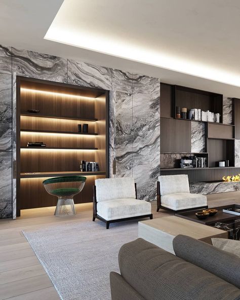 Dieter Vander Velpen on Instagram: “Living room shot of our Chambon Penthouse project. Marble doors hide a Walnut niche with a desk and small library. One of my all-time…” #livingroom #living #room #theatre #home #decor #designs #ideas Marble Walls, Modern Shelves, Popular Living Room, Shelves Design, 아파트 인테리어, Marble Wall, Contemporary Interior Design, A Living Room, Window Seat