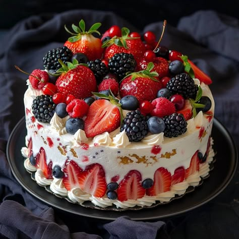 Mixed Berry Layer Cake Ingredients For the Sponge Cake Layers: 2 cups (240g) all-purpose flour 2 teaspoons baking powder 1/2 teaspoon salt 1 cup (230g) unsalted butter, softened 1 1/2 cups (300g) granulated sugar 4 large eggs, at room temperature 2 teaspoons vanilla extract 1 cup (240ml) whole milk, at room temperature For the Berry Compote: 1 cup (150g) mixed berries (strawberries, blueberries, raspberries, blackberries) 1/4 cup (50g) granulated sugar 1 tablespoon lemon juice 1 tablespoon ... Fruit Covered Cake, Cake With Berries On Top, Blubbery Cake, Strawberry And Blueberry Cake, Strawberry Blueberry Cake, Lemon Berry Cake, Triple Berry Cake, Berry Layer Cake, Mixed Berry Cake