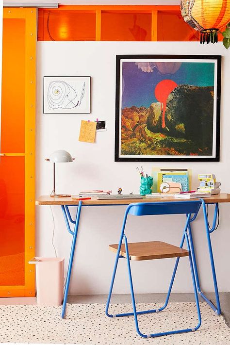 Eclectic Desk, Urban Outfitters Home, Desks For Small Spaces, Home Office Storage, Small Home Office, Apartment Decor Inspiration, Wooden Desk, Desk Design, Apartment Inspiration