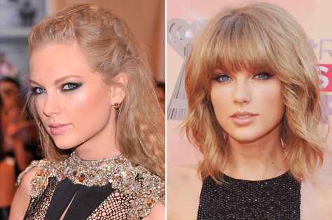 Celebs with and without bangs: Taylor Swift Taylor Swift Without Bangs, With And Without Bangs, Taylor Swift No Bangs, Taylor Swift Hair No Bangs, Taylor Swift Bangs Tutorial, Taylor Without Bangs, Bangs Like Taylor Swift, Taylor Swift Short Hair Side Bangs, Taylor Swift Short Hair