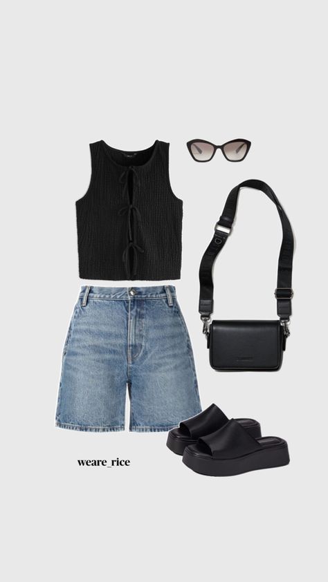 Denim shirts and cute detailed bow tank top makes the perfect summer outfit for a busy mom on the go. Paired with a crossbody bag, platform slip on black sandals and Mui Mui black sunglasses Black Slip On Sandals Outfit, Black Tank Top Outfit Summer, Slip On Sandals Outfit, Leslie Aesthetic, Black Tank Tops Outfit, Summer Tank Top Outfits, Black Slip On Sandals, Bow Tank Top, Mui Mui