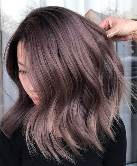 Asian Hair Coloring Ideas, Mauve Mushroom Hair, Metallic Mauve Hair Color, Mushroom Mulberry Hair Color, Mauve Balayage Brunettes, Mauve Brunette Hair, Mauve Mushroom Brown Hair, Champagne Mauve Hair, Urban Mauve Hair Color