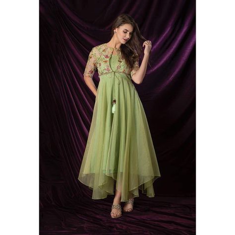 Organza Aline Kurti, Jacket Style Kurti Party Wear, Jacket Anarkali Dresses, Jacket For Gown, Dori Designs For Kurti, Asymmetric Kurti Designs, Organza Salwar Suit Design, Organza Dress Styles, Organza Dress Indian Kurti