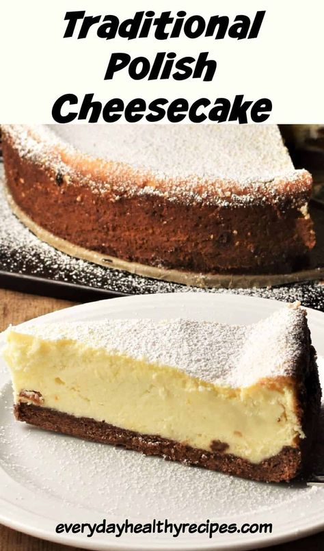 Traditional Polish cheesecake is made using Polish ‘twarog’ cheese (also called ‘bialy ser’ in Poland), or ‘curd cheese’.  It’s a little denser than classic baked cheesecake (made with cream cheese) though still creamy, delicious and easy to make. #polishcheesecake #bakedcheesecake #sernikrecipe #polishfood #polishrecipes #everydayhealthyrecipes Curd Cheese Recipes, Twarog Recipe, Polish Cheesecake, Polish Food Traditional, Cheesecake Delight, Curd Cheese, Polish Desserts, International Desserts, Food Traditional