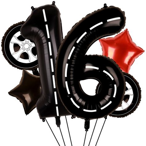 PRICES MAY VARY. BOY 16TH BIRTHDAY PARTY SUPPLIES: 1 x 40inch black 16 balloon number (print with white strips), 2 x 18inches wheels balloons (black and white), 2 x 18inches star balloons (1 black, 1 red), 1 x straw, 1 x ribbon. balloons (1 black, 1 red), 1 x straw, 1 x ribbon ALL IN ONE DESIGN: Race car 16th birthday balloon, and mylar tire balloons, great combination of birthday and racing elements, stylish car party decorations for 16th birthday boys or drivers, help boys step in cool racing Mustang Birthday Party Ideas, Nascar Birthday Party Ideas, Boys Sweet 16 Party Ideas, 16th Birthday Party Ideas For Boys, Sweet 16 For Boys, Car Theme Party, Boy 16th Birthday, Star Balloons, Race Car Themes