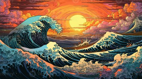 Ocean Sunset Illustration, Great Wave Off Kanagawa Wallpaper Desktop, Ocean Pc Wallpaper, Wallpaper 1920x1080 Full Hd Desktop, Background Ocean, Notion Cover, Linear Illustration, Dope Wallpaper Iphone, Wallpapers Ipad