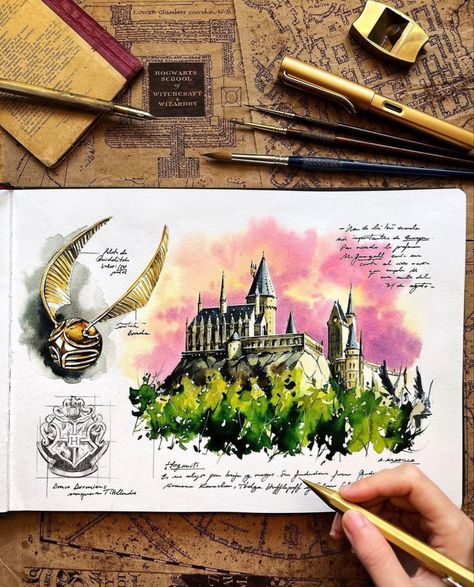 Hogwarts Painting, Harry Potter Watercolor, Harry Potter Sketch, Copic Marker Drawings, Harry Potter Painting, Ford Puma, Harry Potter Illustration, Harry Potter Drawings, Sketchbook Drawings