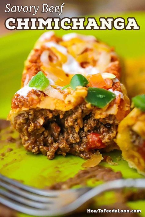 Here is a savory beef and bean burrito that is lightly deep-fried to golden flakey perfection and topped with a deeply flavorful ranchero sauce. Taste overload! Get the complete recipe with ALL-NEW VIDEO on the blog! Ground Beef Chimichanga Recipe, Beef Chimichanga, Chimichanga Beef, Beef Chimichangas, Beef Taco Meat, Ranchero Sauce, Chimichanga Recipe, Bean Burrito, Beef Taco