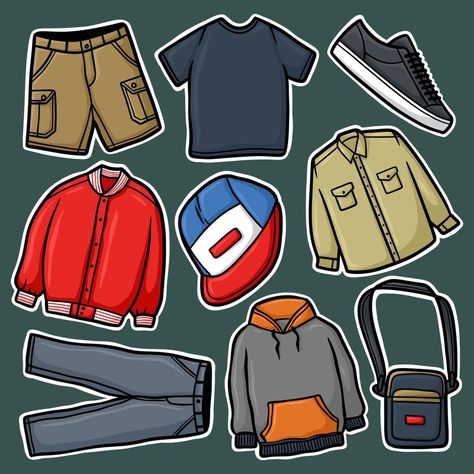 Sticker Set Hand Drawn Men's clothes Cartoon Illustration Cartoon Props, Clothes Clipart, Cartoon Clothes, Laundry Art, Character Pumpkins, Halloween Party Poster, Scary Halloween Pumpkins, Pants Drawing, Scary Characters