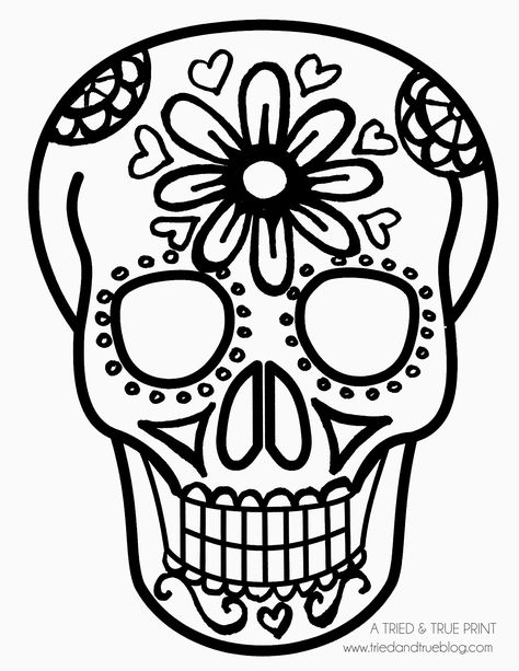 Easy calavera mask: daisy and hearts Skeleton Drawing Easy, Simple Skull Drawing, Easy Skull Drawings, Sugar Skull Drawing, Skull Template, Sugar Skull Face, Simple Skull, Skull Coloring Pages, Skeleton Drawings