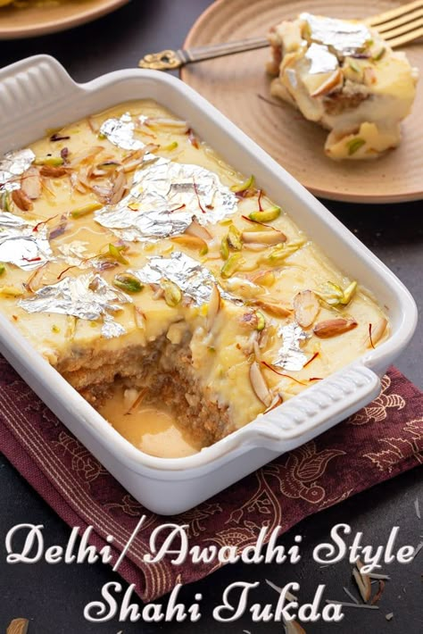 Close up shot of Shahi Tukda in ceramic dish with a cut showing the layers within Deep Fried Bread, Shahi Tukra, Recipes Using Condensed Milk, Shahi Tukda Recipe, Eid Dessert Recipes, Shahi Tukda, Easy Indian Dessert, Awesome Desserts, Spirit House