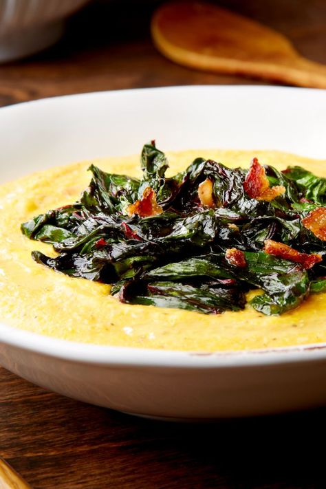 Stone Ground Grits Recipe, Grits Bowl, Cooked Greens, Grits And Greens, Southern Grits, Stone Ground Grits, Green Breakfast, Grits Recipe, Personal Chef