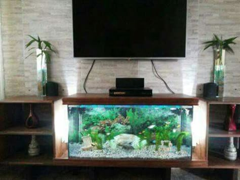 Tv Cabinet With Aquarium, Entertainment Center With Fish Tank, Tv Wall Design With Aquarium, Tv Unit With Aquarium Design, Tv Unit With Fish Tank, Large Fish Tank Ideas Living Rooms, Aquarium Under Tv, Aquarium In Living Room, Cabinet Wall Design