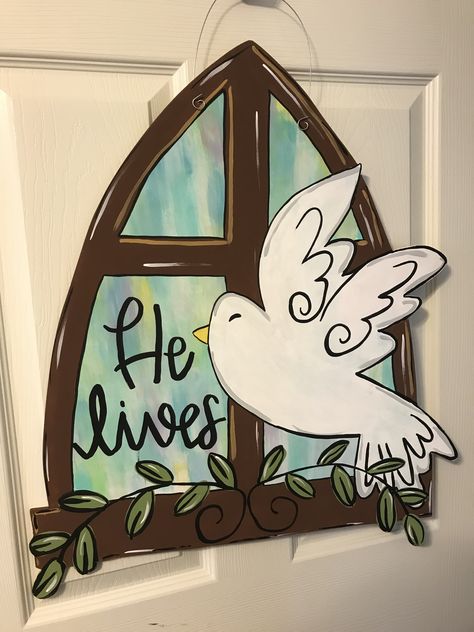 Lamb Door Hanger, Easter Window Painting, Branham Quotes, Easter Rocks, Easter Bulletin Boards, Easter Wood Signs, Hand Painted Crosses, Easter Drawings, April Easter