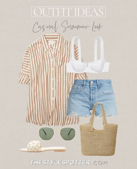 Shirt Beach Outfit, Summer Outfit Ideas 2023, Summer Outfits Date Night, Lake Outfit Summer, Summer Jean Shorts Outfit, Date Night Outfit Summer, Jean Short Outfits, Simple Summer Outfits, Jeans Outfit Summer