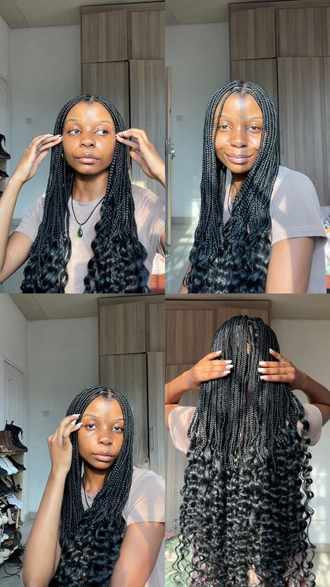 Black girl with black Knotless braids that have curled ends. Spiral End Braids, Flexi Rod Curled Box Braids, Flexi Rod Braids, Black Medium Knotless Braids, Curling Braids With Flexi Rods, Curling Braids With Hot Water, Knotless With Curls At The End, Knotless Braids With Curled Ends, Medium Knotless Braids With Curls