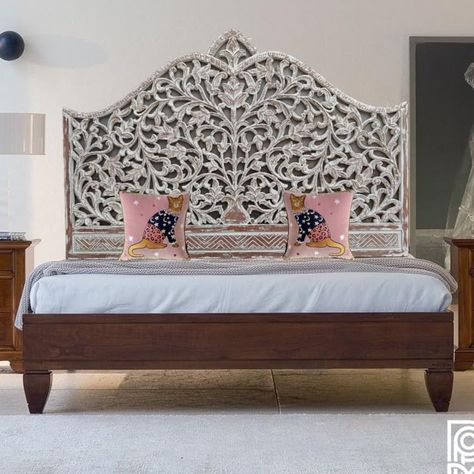 White Carved Headboard, Boho Bed Headboard, White Wash Bed, Custom Bed Frame, King Size Bed Headboard, Carved Bed, Bed Wall Art, Boho Bed, Carved Beds