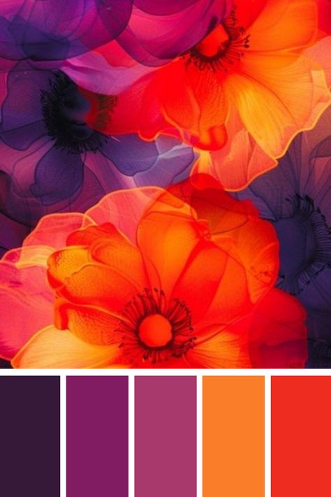 A rich orange and purple color palette defines this floral arrangement, where translucent orange petals blend seamlessly with deep purples, evoking a mesmerizing and bold visual impact. Oil Spill Color Palette, Colors That Go Good With Purple, Red Orange Purple Wedding, Rich Purple Color Palette, Orange Yellow Purple Color Palette, Purple And Orange Colour Palette, Color Combinations With Purple, Color Pallets Orange, Orange Pallet Color