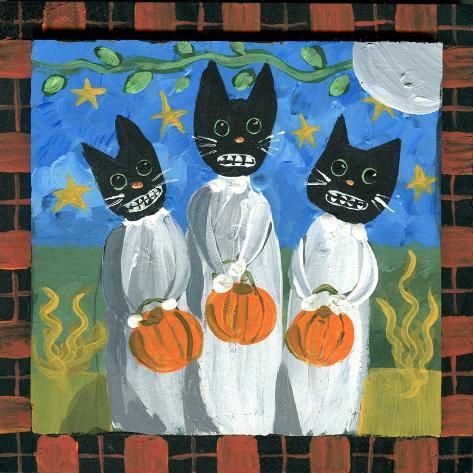 size: 12x12in Art Print: Folk Art Black Cats Halloween by sylvia pimental : Artists Vintage Halloween Crafts, Black Cats Halloween, Cats Halloween, Contemporary Folk Art, Jack O Lanterns, Halloween Folk Art, Coaster Art, Halloween Illustration, Pink Gem