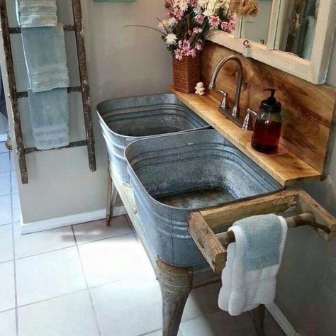 Unexpected Ways to Use Metal in Your Home Decor: Metal Home Decor Wash Tub Sink, Shed Home Ideas, Rustic Kitchen Sinks, Utility Room Decor, Potting Shed Ideas, Rustic Sink, Farmhouse Sink Faucet, Tin Ideas, Farmhouse Bathrooms