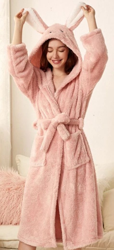 Cosy pink bathrobe with cartoon bunny ears to snuggle up Bed Outfit, Nighty Night Dress, Pink Bathrobe, Gown Aesthetic, Women Robes, Pretty Robes, Womens Bathrobes, Pink Towels, Clothing Design Sketches