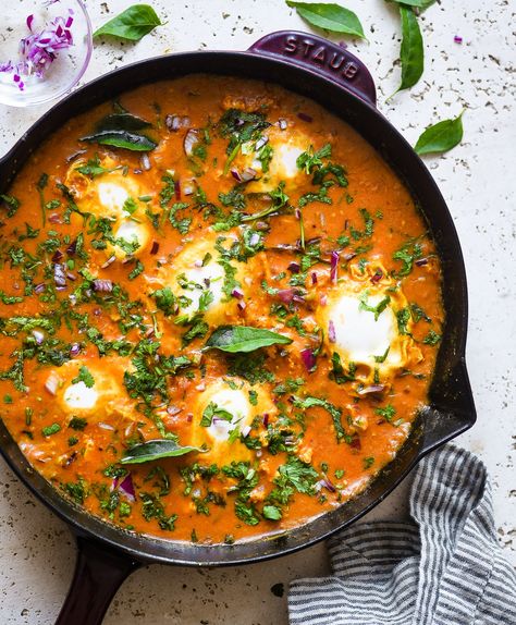 South Indian Eggs in Purgatory | Nourish Deliciously Indian Eggs, Eggs In Purgatory, Stir Fry Greens, Green Cardamom, Best Curry, Egg Curry, Rice Vermicelli, Plum Tomatoes, Coconut Curry