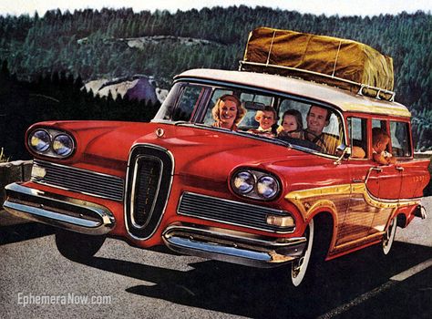 Plan59 :: Woodies :: 1950s Station Wagons :: 1958 Edsel Bermuda Vintage Road Trip, Edsel Ford, Old Vintage Cars, Road Trip Car, Vintage Camping, Family Road Trips, Car Advertising, Car Games, Us Cars