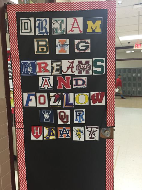 College and Career Week Door Decorating Contest. I'm pretty proud of this! College And Career Week, Classroom Door Decorating Contest, High School Door, Classroom Door Decorating, Door Decorations College, College Bulletin Boards, Sports Theme Classroom, College Classroom, College Counseling