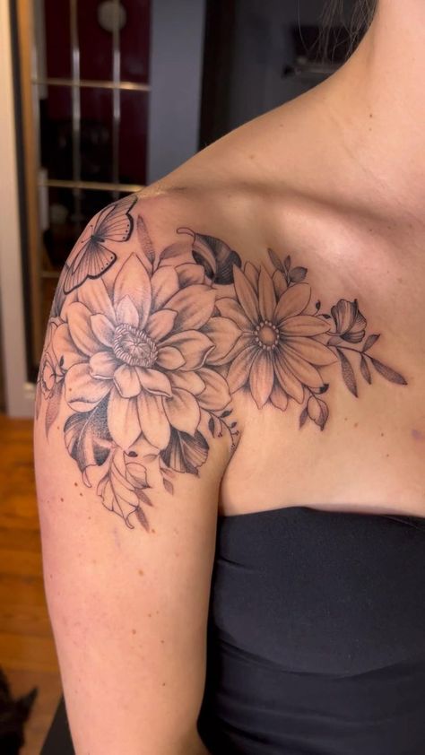 Tattoo | Front shoulder tattoos, Flower tattoo shoulder, Floral tattoo shoulder Shoulder Piece Tattoo, Top Of Shoulder Tattoo, Feminine Shoulder Tattoos, Front Shoulder Tattoos, Shoulder Cap Tattoo, Shoulder Sleeve Tattoos, Body Tattoo Design, Floral Tattoo Shoulder, Feminine Tattoo Sleeves