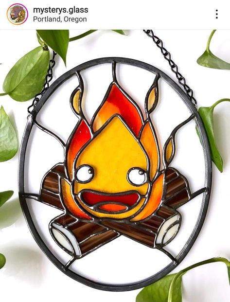 Stained Glass One Piece Anime, Totoro Stained Glass Art, Calcifer Stained Glass Art, Stained Glass Studio Ghibli, Japanese Stained Glass Art, Ghibli Stained Glass Art, Easy Stained Glass Ideas, Studio Ghibli Stained Glass Art, Disney Stained Glass Art