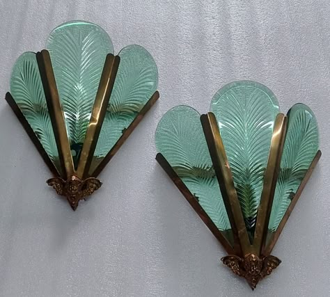 Pair Vintage Art Deco Nouveau Brass Glass Fixture Slip Shade Wall Sconces Lamp | eBay Ship Light, Lampe Art Deco, Green Art Deco, Shade Wall, Art Deco Bedroom, Art Deco Bathroom, Art Deco Decor, Art Deco Wall, Deco Decor