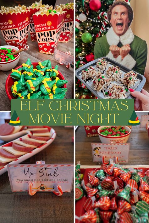 Christmas movie night party Elf Themed Breakfast, Elf Viewing Party, Elf Christmas Movie Night, Buddy Elf Party Ideas, Buddy The Elf Recipes, Elf Movie Night Free Printable, Elf Family Movie Night, Basement Christmas Party, Buddy The Elf Dessert Ideas