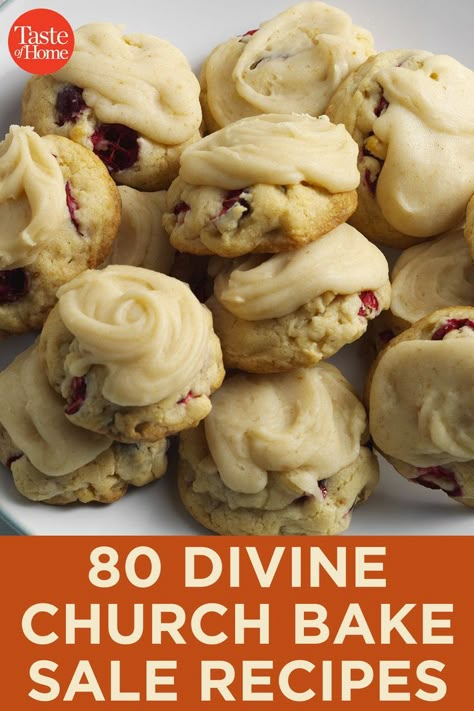 A good old-fashioned church bake sale is hard to beat. These heavenly cookies, bars, breads and pies will inspire you to bake up a few batches of the delicious money-makers at home. Cookie Bake Off Ideas, Bake Auction Ideas Desserts, Cookies For Potluck, Baked Good Ideas For Bake Sale, Easy Bake Sale Cookies, Bake Sale Muffins, Desserts For Auction Bake Sale, Desserts For Bake Sale Ideas, Bake Sale Cookies Easy