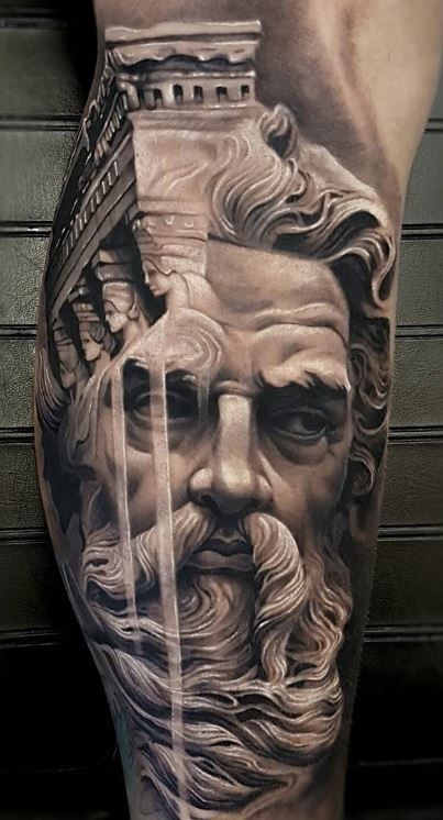 Greek God Tattoo, Poseidon Tattoo, Zeus Tattoo, Statue Tattoo, Greek Mythology Tattoos, God Tattoos, Mythology Tattoos, Back Of Shoulder Tattoo, Greek Tattoos