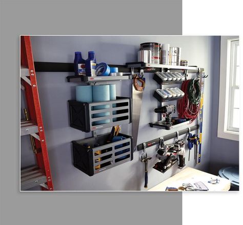 Rubbermaid Fast Track, Garage Wall Organization, Rubbermaid Storage, Garage Organization Systems, Garage Hooks, Wall Railing, Garage Storage Systems, Garage Organization Ideas, Wall Mounted Storage