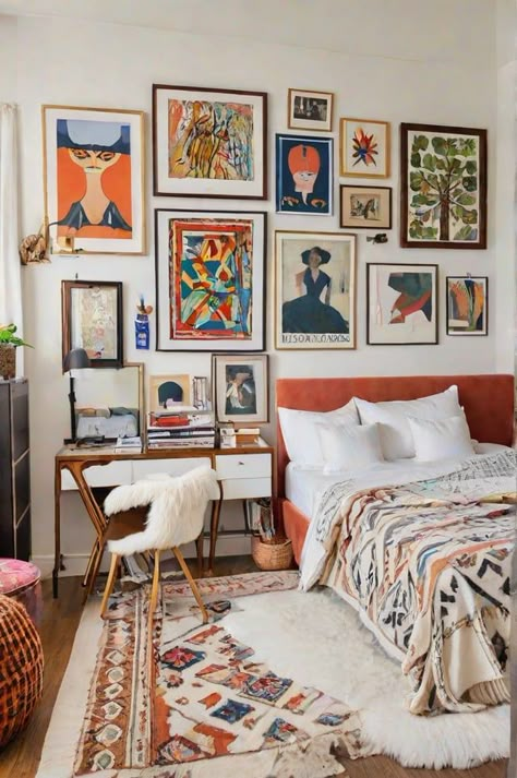 Headboard Wall With Window, Gallery Above Bed, Bed Gallery Wall, Edit Suite, Sleepy Bedroom, Eclectic Design Style, Orange Chairs, Eclectic Decor Bedroom, Green Headboard