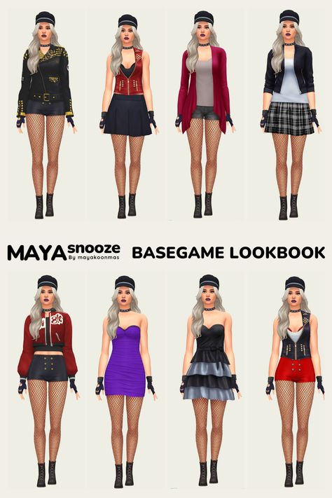 Basegame/  NOCC/ Mod-Free Base Game Sims 4 Outfits, Sims 4 Base Game Outfits Ideas, Sims Fits, Sims4 Outfits, Outfit Ideas Goth, Sims4 Lookbook, Sims 4 Base Game, Ts4 Lookbook, Sims Design