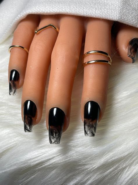 Two Tone Black Nails, Savage Nails Design, Black Nails Acrylic Short Coffin, Black Detailed Nails, Smoky Black Nails, Gothic Nails Short Square, Gothic Nail Art Dark Short, Glass Black Nails, Gothic Coffin Nail Ideas